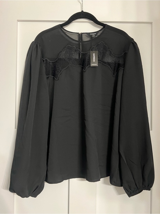 Express Tops - Express Black Lace Yoke Long-Sleeve Blouse
